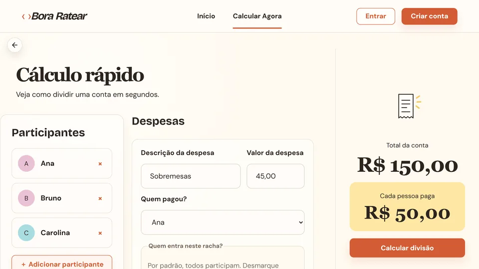 Tela de cálculo rápido com participantes, despesas e resumo da divisão.