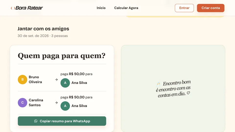 Tela de resultado compartilhado com pagamentos entre participantes.