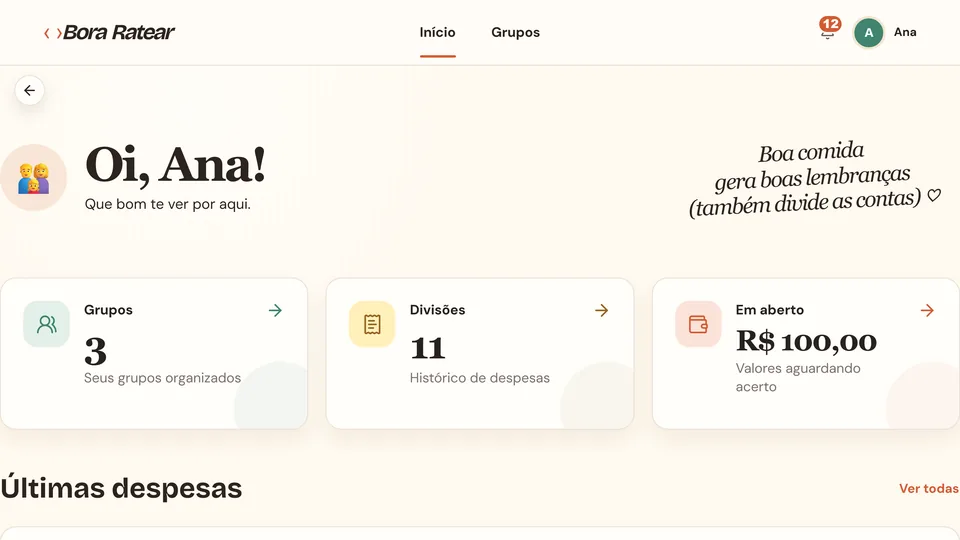 Tela Sua Home com indicadores, grupos e divisões salvas.